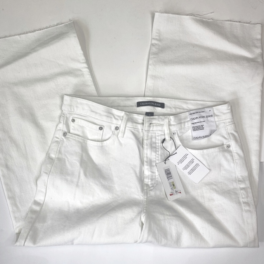 CALVIN KELIN WOMENS WHITE HIGH RISE WIDE LEG CROPPED RAW EDGE JEANS NWT 30 - Picture 3 of 5